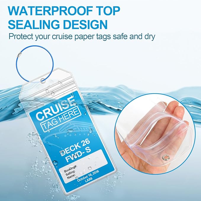 Cruise Luggage Tag Holder, 6 Pack Luggage Tags for Suitcases, Waterproof Clear PVC Perfect Fits All Cruise Lines, Reusable Travel Ship Essentials with Steel Loop