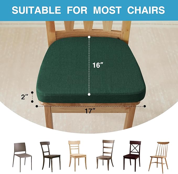 Chair Cushions for Dining Chairs Set of 6, Non Slip Kitchen Chair Pads, 17" x 16" x 2", Indoor Dining Chair Cushions with Ties, D-Shaped Seat Cushions for Kitchen Chairs, Dark Green