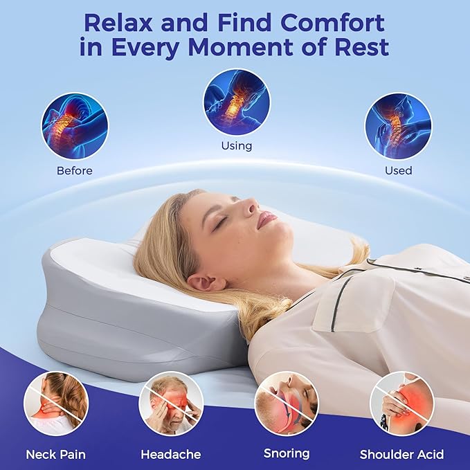 Cervical Neck Pillow for Sleeping, Ergonomic Side Sleeper Pillow, Memory Foam Pillows for Neck and Shoulder Pain Relief, Removable Washable Cooling Cover, Grey & White
