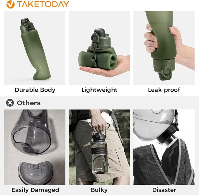 TakeToday Collapsible Water Bottles 32oz, Foldable Travel Bottle, TSA-Approved Leakproof Newly Silicone Water Bottle for Hiking, Travel, Outdoors, Green