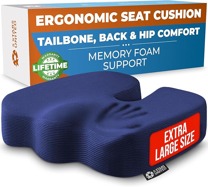 5 STARS UNITED Seat Cushion - Memory Foam Chair Cushion for Tailbone Pain Relief - Ergonomic Support for Coccyx, Sciatica & Butt - Office, Desk & Gaming Chair, Car Seat, Wheelchair, Airplane, Blue