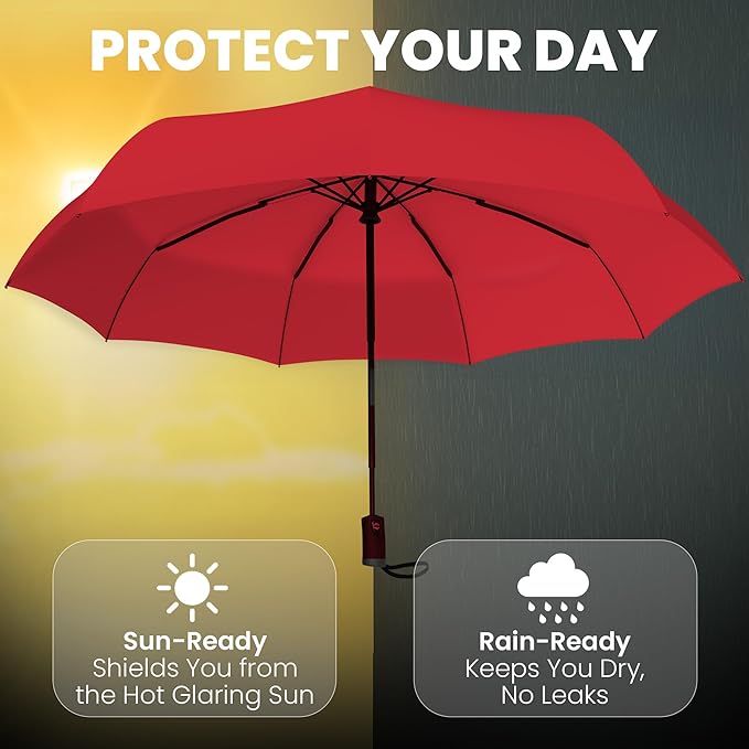 Rain-Mate Windproof Compact Umbrellas for Rain - Strong Reinforced Fiberglass Rib Design & Auto Open & Close - Portable Folding Travel Umbrella - Lightweight & Packable for Women & Men, Easy Collapse