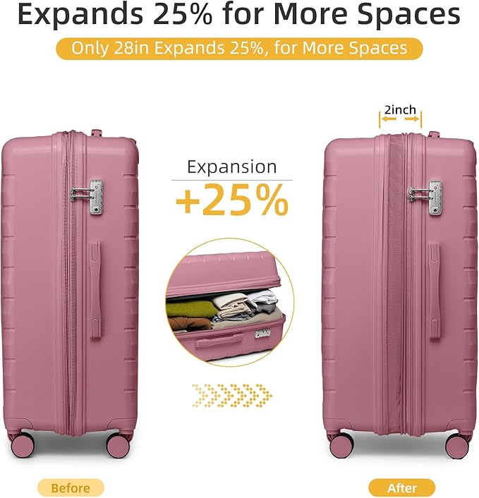 LARVENDER Luggage Sets 5 Piece with Duffel Bag Expandable(Only 28 inch) Hardside PP Carry On Luggage with 360° Spinner Wheels TSA Lock Luggage Sets for Women, Pink