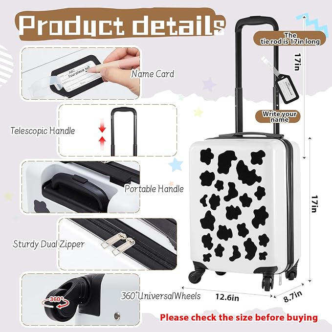 Redbaker 17 Inch 6 Pcs Kids Luggage Set Kids Rolling Luggage Double Pattern Suitcase for Boys Girls (Black and White, Cow Style)