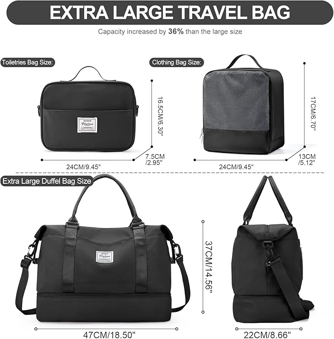 Weekender Bags for Women,Travel Duffle Overnight Bag with Shoe Compartment,Personal Item Carry On Bag,Black,Extra Large,3 Pcs Set