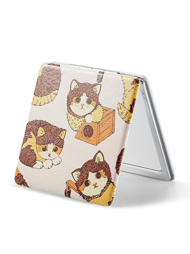OMIRO 1X/3X Magnifying Mirror, Unique Painting Compact Mirror with Classical PU Leather (Ginger Cat)