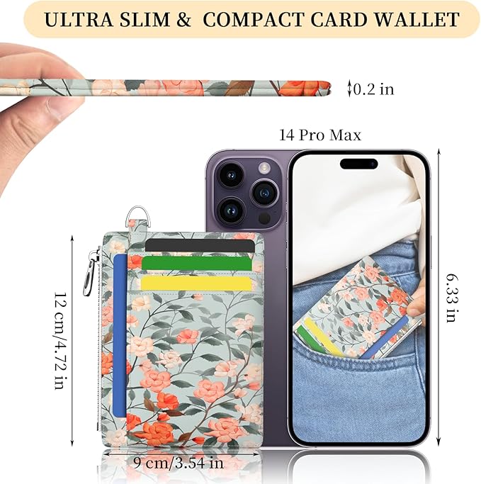 Hancynir Slim Wallet Women Credit Card Holder Floral Flower RFID Blocking Small Cute Card Wallets Mini Front Pocket PU Leather Card Case Thin Travel Zipper Coin Cash Ladies Female Wallet Gifts