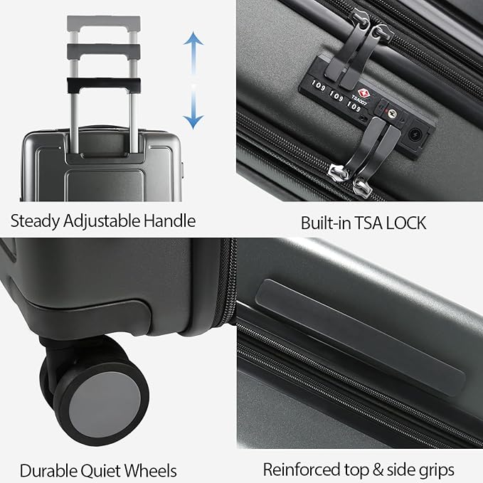 KROSER Hardside Expandable Carry On Luggage 22x14x9 Airline Approved With Front Business Pockets, 20 Inch Suitcases with Wheels, Carry on Suitcase with TSA Lock & USB Port, Steel Grey