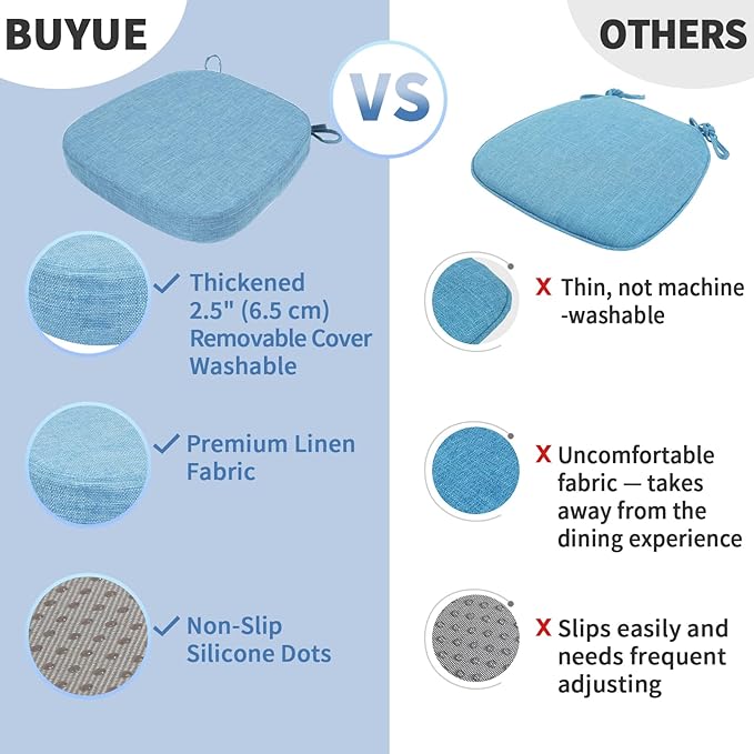 BUYUE Thickened 2.5" Dining Chair Cushions Set of 4, U-Shape High Density Foam Comfortable Chair Pads for Kitchen, Slip Resistant Indoor Seat Cushions (4 PCS, Light Blue)