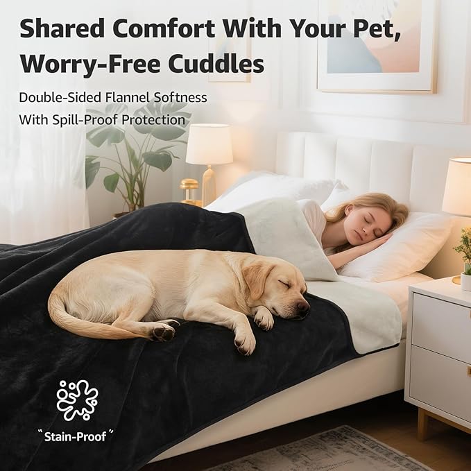 LOOBANI Waterproof Dog Blanket for Bed: Liquid Pee Proof Pet Blankets for Medium Large Dogs Washable, 80" x 90", Black & Beige