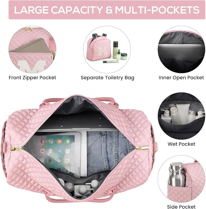 Letter Weekender Bags for Womens - Duffle Bag with Shoe Compartment Personalized Overnight Bag with Toiletry Bag Duffel Bags for Gym Hospital Bags Gift for Women Pink (Letter M)