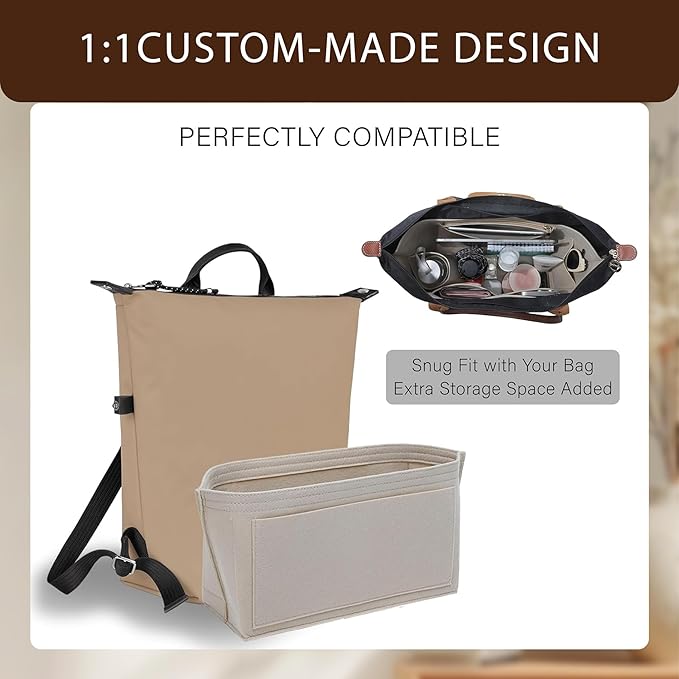 Premium Felt Purse Organizer Insert for Longchamp Le Pliage, Zipper Long Champ Bag Organizer Insert with Cup Holder, 9 Compartments