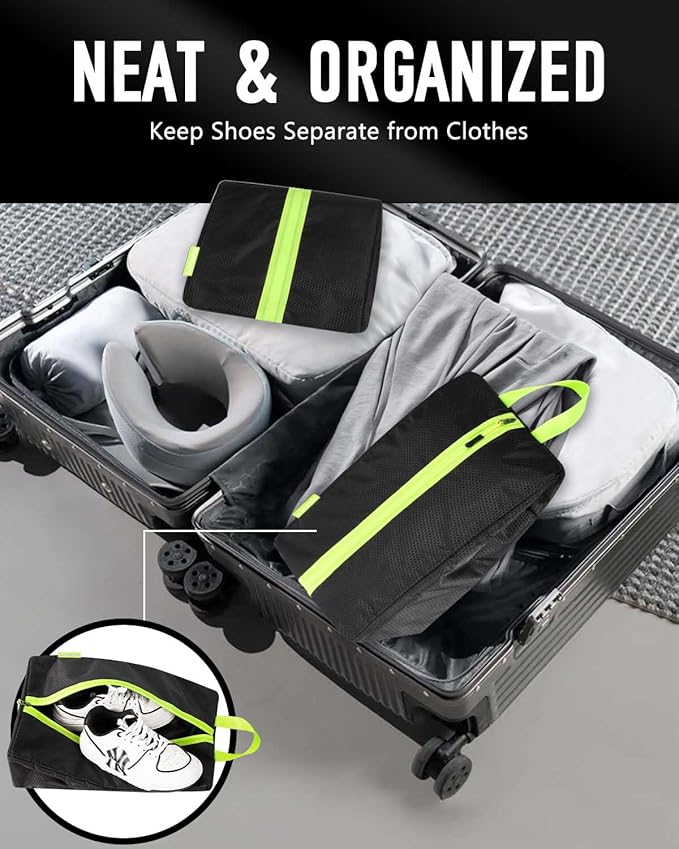 Smell Proof Shoe Bags for Travel-Soccer Cleat Bag Smell Proof with Active Carbon Fabric | Odor-Absorbing Water-Resistant Track Shoe bags for Sports (2 Black with Green, UP TO US14)