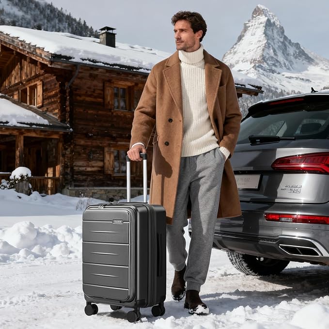Carry On Luggage with Top Opening, Expandable with Front Pocket and USB Charging Port, Lightweight with Front Compartment Rolling Suitcases with Spinner Wheels (Grey, 20 Inch)