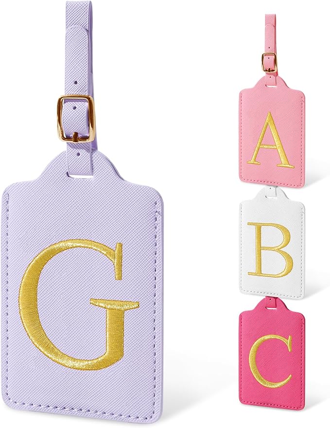 Initial Luggage Tags for Suitcases, Cute Embroidered Letter Luggage Bag Suitcase Identifier Name Baggage Tag, PU Leather Travel Luggage Tags, Bag Tags for Men Women Kids Luggage Handbags(Purple G)