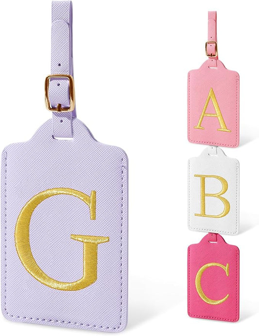 Initial Luggage Tags for Suitcases, Cute Embroidered Letter Luggage Bag Suitcase Identifier Name Baggage Tag, PU Leather Travel Luggage Tags, Bag Tags for Men Women Kids Luggage Handbags(Purple G)