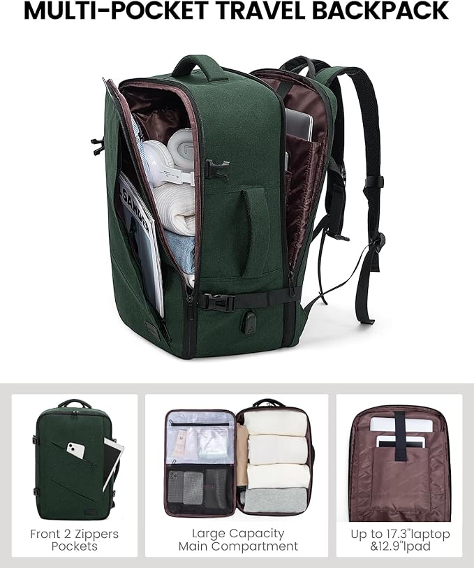 LOVEVOOK Carry on Travel Backpack, Large 40L for Men & Women Flight Approved with USB Charging Port&3 Packing Cubes, Large Suitcase Water Resistant Luggage Daypack Business Weekender Bag, Dark Green