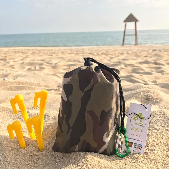 Pocket Blanket 71"x55", Lightweight Compact Sandproof Waterproof Outdoor Blanket for Beach, Hiking, Camping, Travel, Festivals, Picnic with Pockets, Loops, Stakes, Carabiner