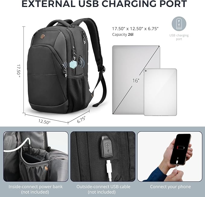 Swissdigital Design Business Laptop Backpack, College Laptops Backpack with USB Charging Port for Men and Women Fits 16 Inch Notebook, Black-Finder Color Random | SD1670BT013-01
