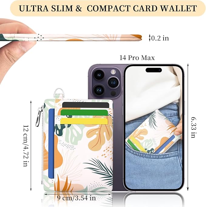 Hancynir Slim Wallet Women Credit Card Holder Abstract Boho Leaves RFID Blocking Small Mini Card Wallets Cute Front Pocket PU Leather Card Case Thin Travel Zipper Coin Cash Ladies Female Wallet Gifts