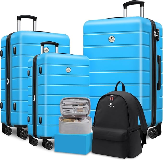 Classic Luggage Sets 5 Piece, Carry-On Luggage with Spinner Wheels, Lightweight Hardside Suitcase Set with TSA Lock, Bonus Travel Backpack & Makeup Bag, 20/24/28 inch, Blue