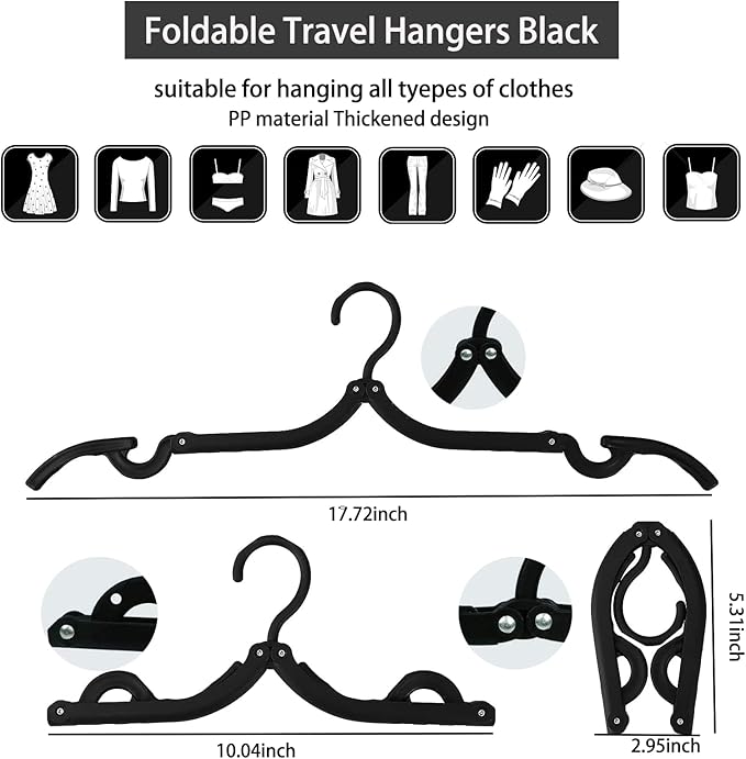 12PCS Travel Folding Hangers Portable Clothes Hangers Multifunctional Foldable Hanger(Black)