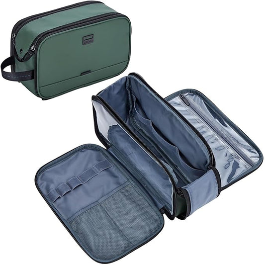 ZEEMO Travel Toiletry Bag for Men, Medium Water-Resistant Double-Sided Full-Open Dopp Kit, Versatile Organizer for Shower and Hygiene Accessories, Bathroom Essentials, Cosmetics, Green