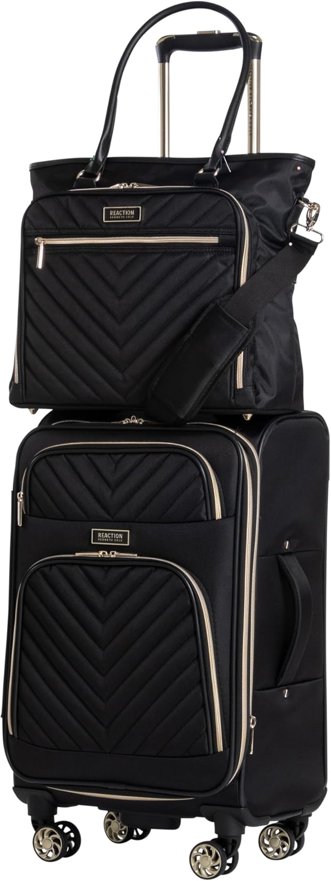 Kenneth Cole REACTION Chelsea 2-Piece Bundle - 20" Chevron Expandable 8-Wheel Carry-On Suitcase & Matching 15" Laptop Tote Bag, Black