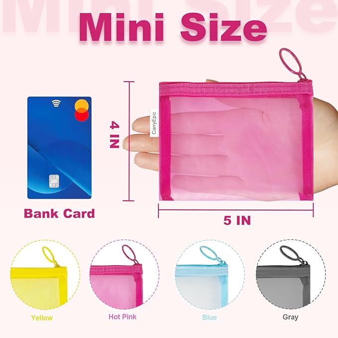 Mini Mesh Pouches(4 Pack), Small Mesh Bags with Zipper Nylon Makeup Pouches Bag Cosmetic Pouch Travel Purse Organizer Insert Diaper Inside Bag Organizers Home Organizing Size See Through Cute Colors