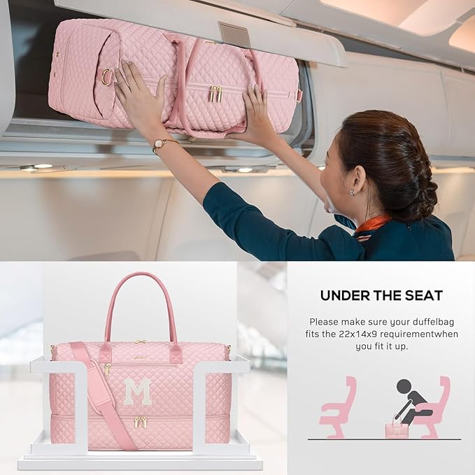 Letter Weekender Bags for Womens - Duffle Bag with Shoe Compartment Personalized Overnight Bag with Toiletry Bag Duffel Bags for Gym Hospital Bags Gift for Women Pink (Letter M)