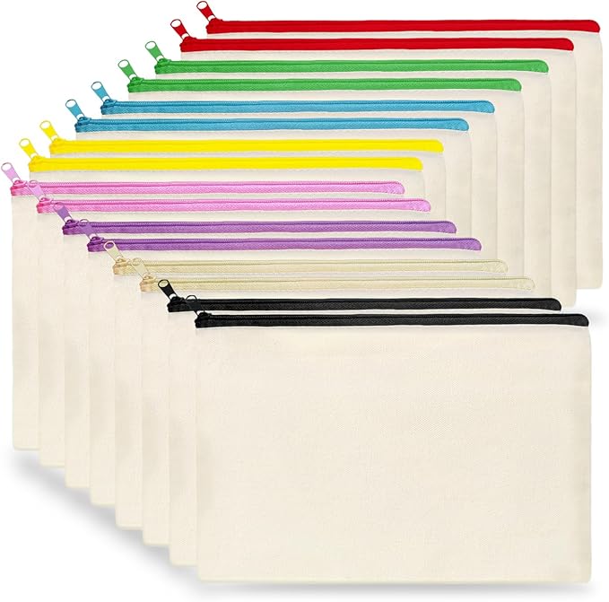 Koolmox Small Cosmetic Bag 16 Pcs, Canvas Pouch with Zipper of 8 Colors, 8x5'' Blank Cotton Bags for Embroidery, Tie Dye, Marker, Circuit Projects, Christmas Gifts, Travel Bags for Pen Pencil