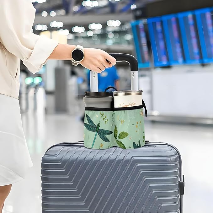 Green Dragonflies Flowers Leaves Luggage Cup Holder Travel Portable Free Hand Drink Carrier Suitcase Drinks Beverage Holder Carry-On Bottle Mug Holder Organizer Bag Travelers Accessories