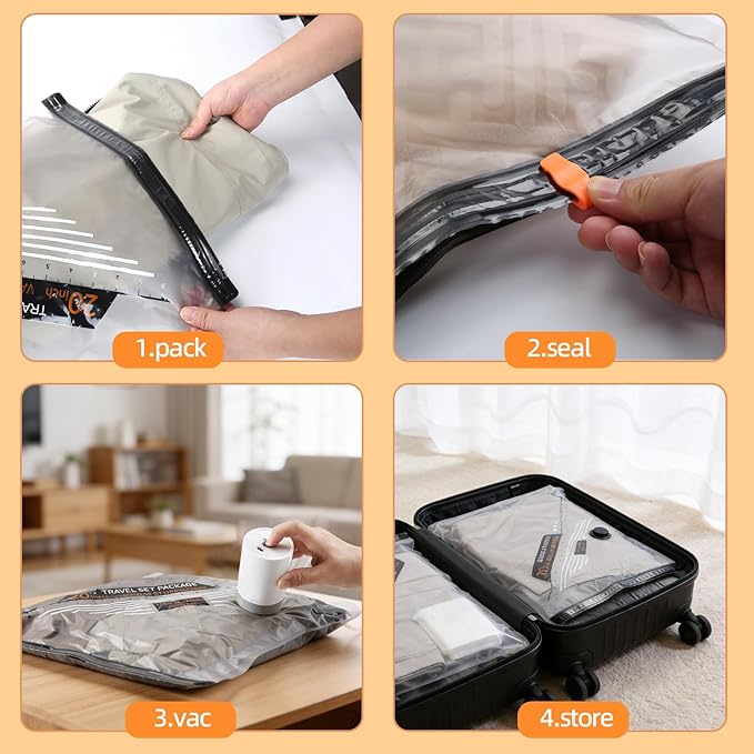 Vacuum Seal Bags For Travel With Rechargeable Cordless Pump, 15 Pack Space Saver Compression Bags For Clothes, Bedding, Blankets, Pillows, Luggage, Ideal For House Moving & Home Organization