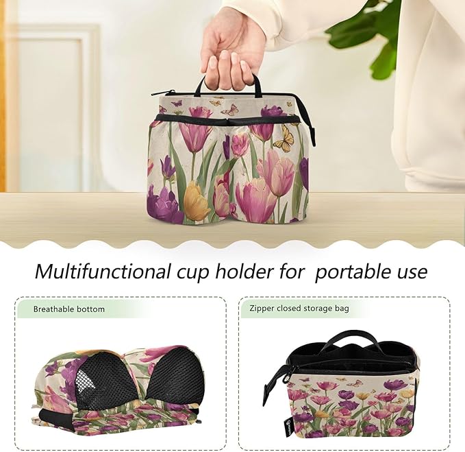 Luggage Cup Holder for Suitcases Free Hands Travel Cup Holder Portable Suitcase Cup Drink Holder Luggage Cup Caddy Bag Carrier Vintage Beige Spring Tulips Butterflies