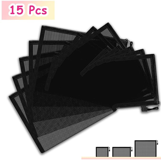 Outus 15 Pieces Mesh Bags Pouch Mesh Zipper Pouch Makeup Bags Cosmetic Travel Organizer Zipper Pencil Case for Organizing Office travel Storage(9.84x7.09, 7.87x3.94, 5x3.94 Inches,Black)