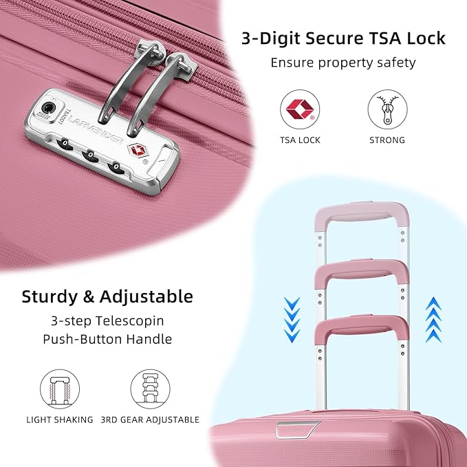 LARVENDER Luggage Sets 3 Piece with Duffel Bag Hardside PP Carry On Suitcase with 360° Spinner Wheels TSA Lock Luggage Sets for Women, Pink