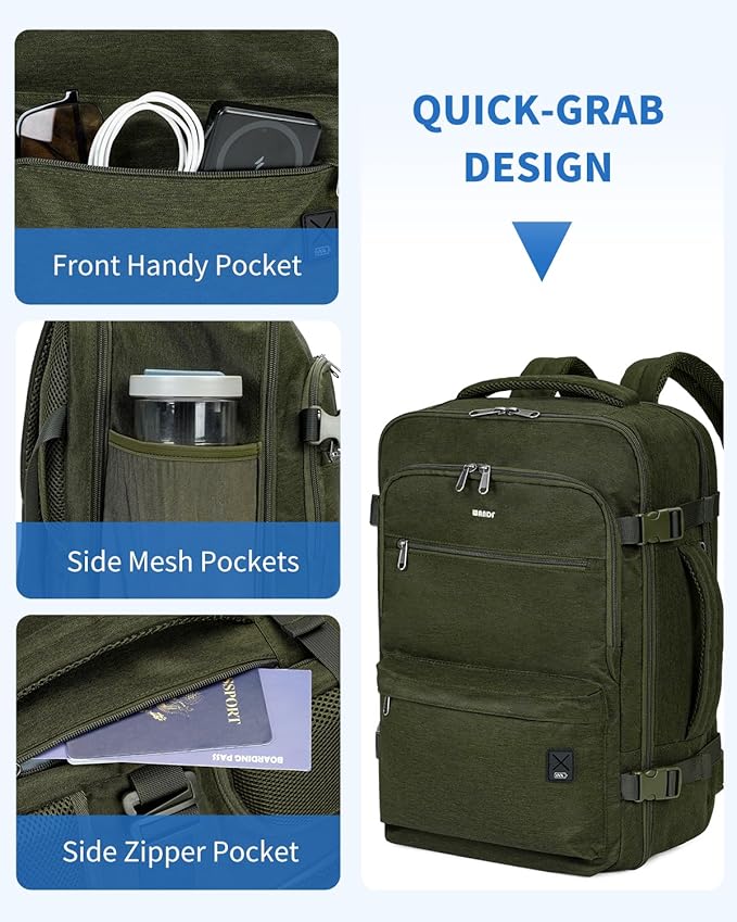 WANDF Travel Backpack For Spirit Airlines Personal Item Bag 18x14x8 with Wet Pocket, 17 Inch Laptop Backpack for Men Women（Dark Green）