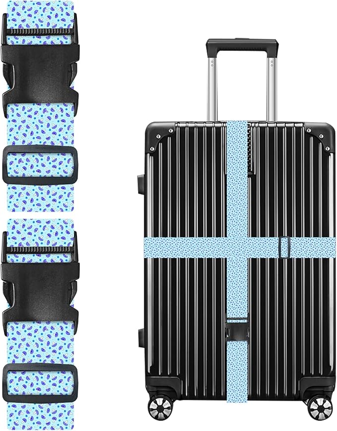 Nuxovilar Luggage Straps of 2 Set Small Blue Purple Mushrooms Pattern, 1.96x90.5 inches - Luggage Straps for Suitcases, Great for Nature Trips, Hiking, Leisure Travel