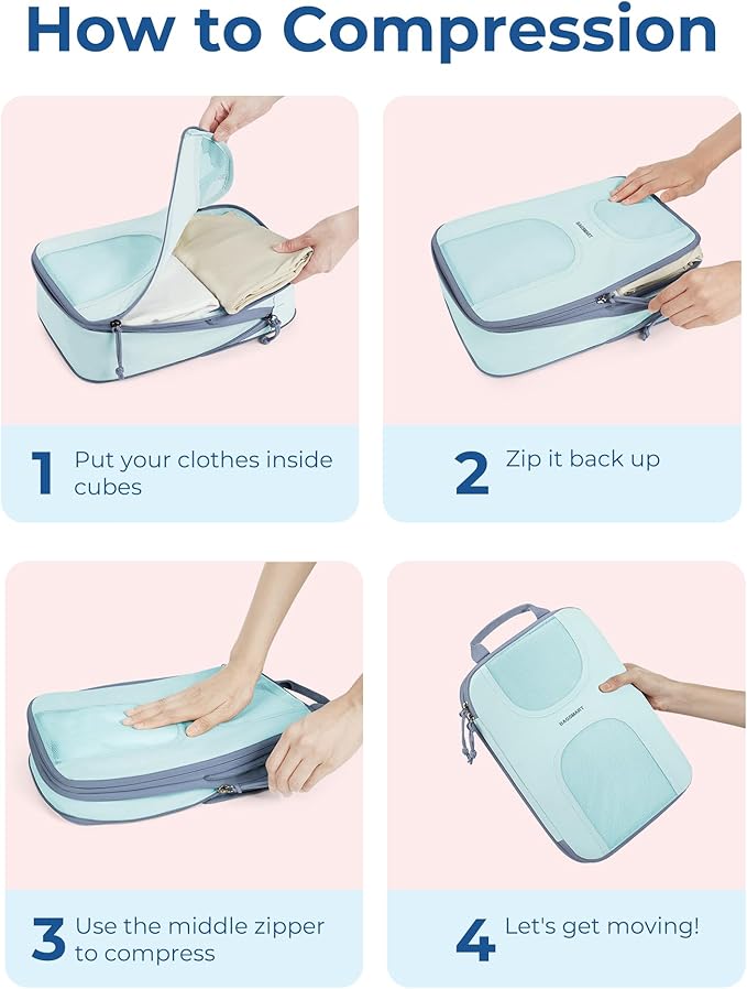 BAGSMART Compression Packing Cubes, 6 Set Packing Cubes for Suitcases, Lightweight Suitcases Organizers Bag Set & Compression Travel Cubes, Travel Essentials Packing Organizers