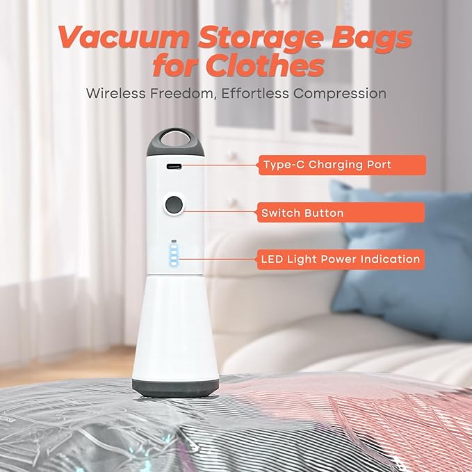 18 Pack Vacuum Storage Bags Set with Rechargeable Wireless Pump Large/Medium/Small Vacuum Seal Bags for Clothing Travel and Home, Compression Packing for Comforters, Blankets and Bedding