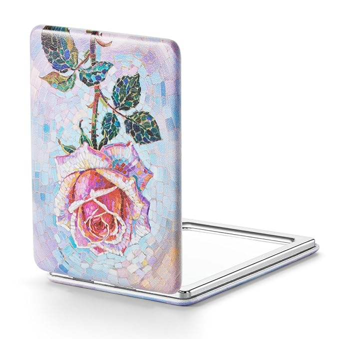 OMIRO 1X/3X Magnifying Mirror, Unique Painting Compact Mirror with Classical PU Leather, 2.4" W x 3.4" L (Pink Rose)
