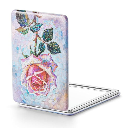 OMIRO 1X/3X Magnifying Mirror, Unique Painting Compact Mirror with Classical PU Leather, 2.4" W x 3.4" L (Pink Rose)