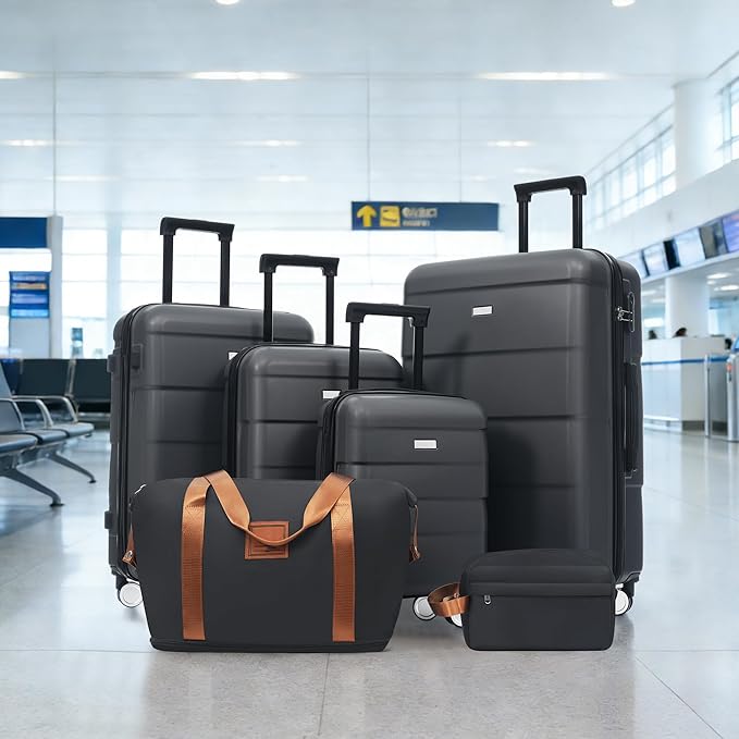 6 Piece Luggage Set Hard Shell - Charcoal Traveling Suitcases with Spinner Wheels and Duffel Bags for Family Travel, Durable Carry On Luggage Sets with Lock for Women and Men