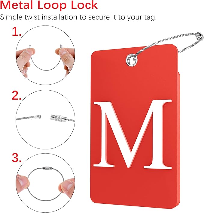 Gostwo 2 Pack Luggage Tags for Suitcases, 26 Initial Letter Travel Luggage Baggage Identification Labels ID Tag Fully Bendable Tags with Stainless Steel Loop (Red) (Letter M)