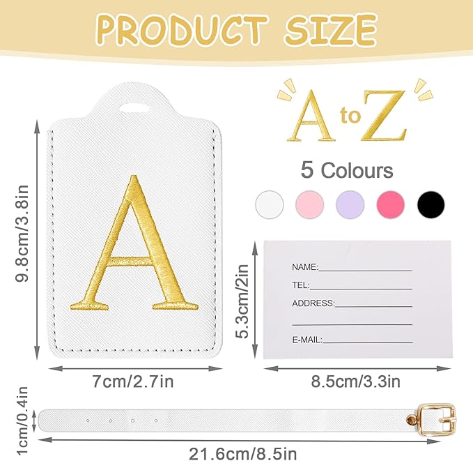 Initial Luggage Tags for Suitcases, Cute Embroidered Letter Luggage Bag Suitcase Identifier Name Baggage Tag, PU Leather Travel Luggage Tags, Bag Tags for Men Women Kids Luggage Handbags(White A)