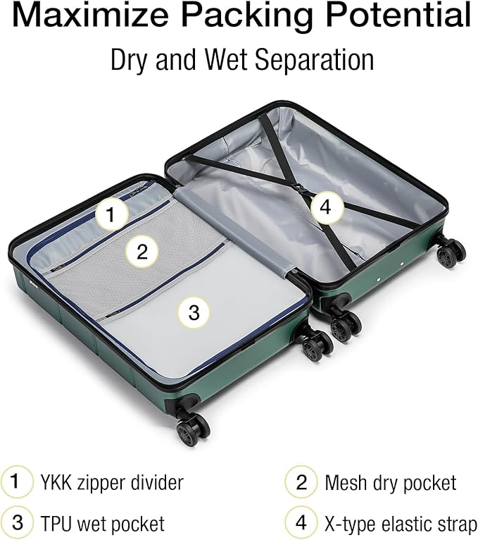 KYME Carry On Luggage 22x14x9 Airline Approved Hardshell Carry On Suitcases with Wheels Travel Rolling 20 Inch Luggage with Cup Holder for Men Women,Carry-on Green