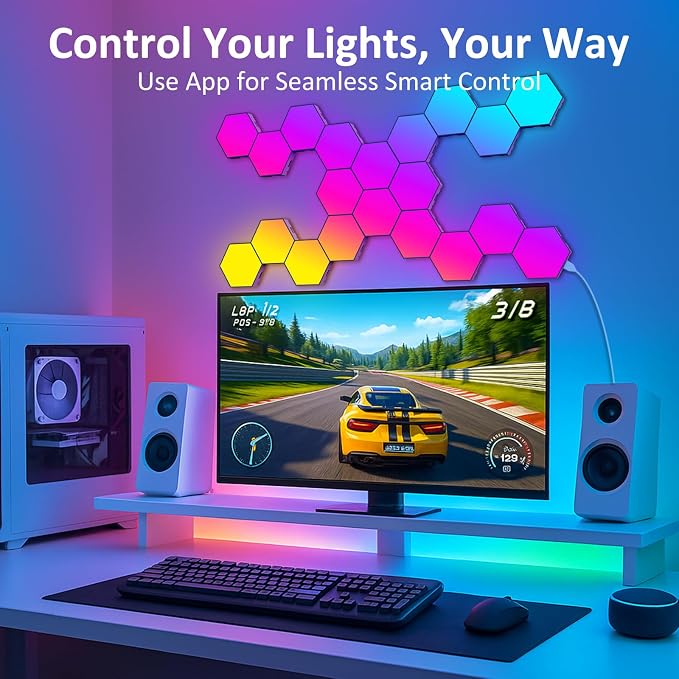 Hexagon LED Light Panels 8 Pack – Smart RGB Wall Lights with APP & Remote Control – Music Sync Modular Gaming Lights for Bedroom, Living Room, Wall Decor