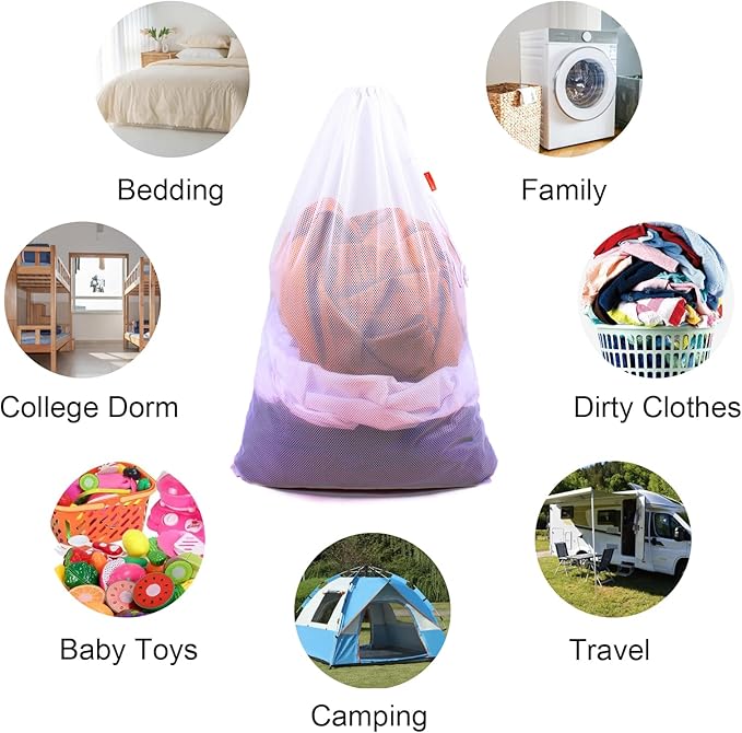2 Pack Mesh Laundry Bags, 24 x 36 Inches Heavy Duty Drawstring Bag, Factories, College, Dorm, Travel and Apartment Dwellers, Black&White