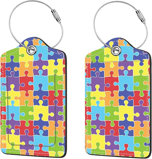 2 Pcs Luggage Tags for Suitcase, Cute Unique PU Leather Travel Bag Tag with Privacy Cover ID Label Address Card and Durable Metal Ring Suitable for Men Women Children Backpack,Jigsaw