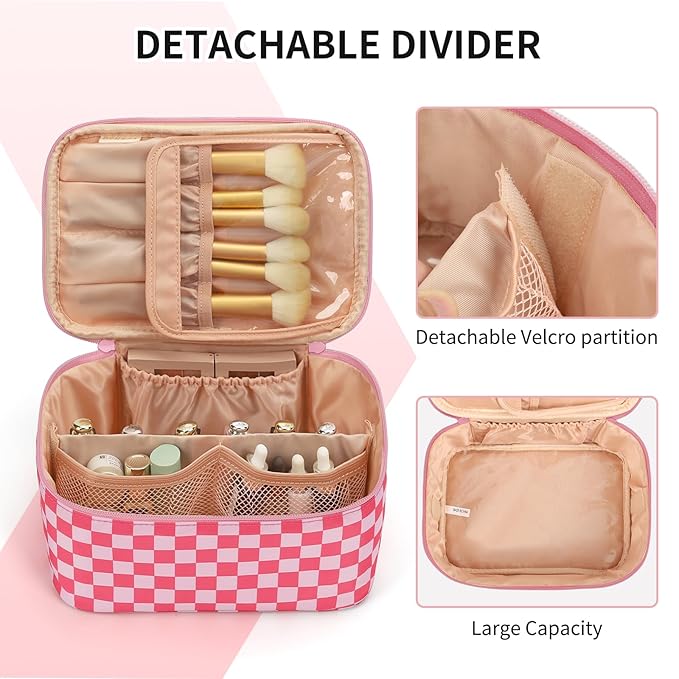 OCHEAL Makeup Bag Portable Cosmetic Bag For Women, Large Capacity Travel Makeup Case Organizer, Toiletry Bag for Girls Traveling With Handle and Divider-Pink